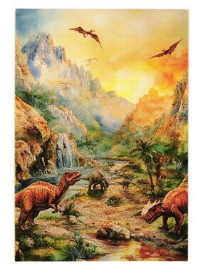 Dinosaurs Prehistoric Landscape Art Print Postcard Illustration Sunset Earth